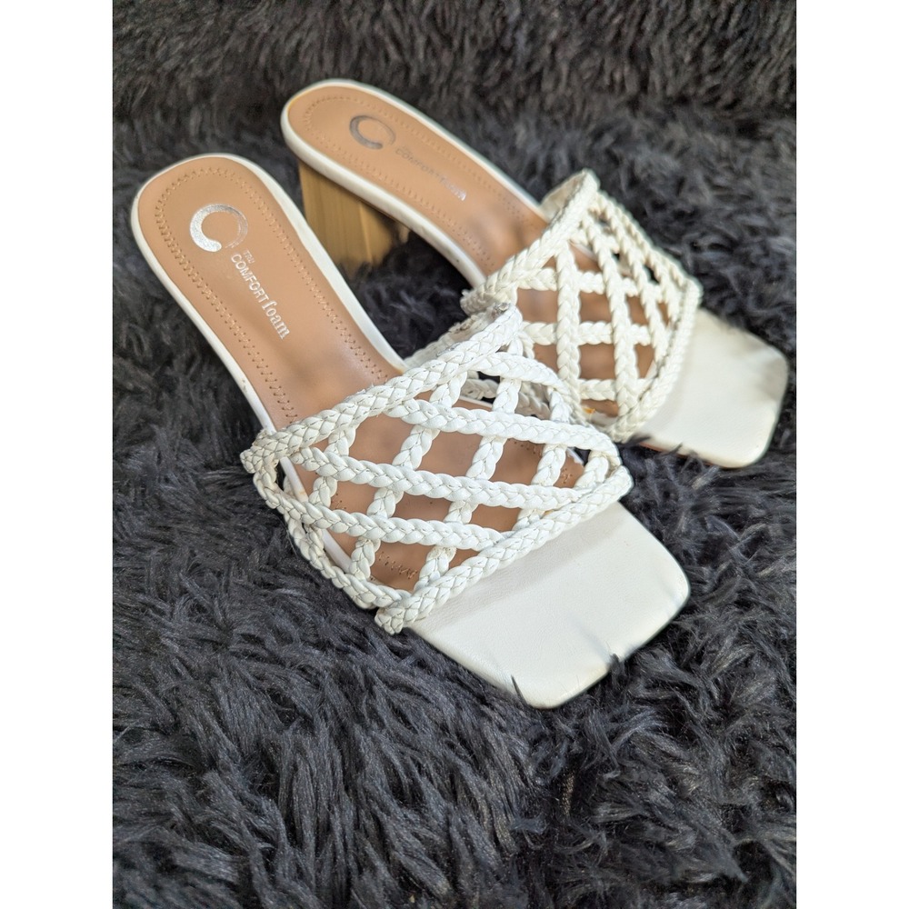 Journee Collection White Braided Square Toe Block Heel Slide Sandals Womens 7‎
